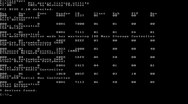 Sample output from within a FreeDOS VirtualBox machine.